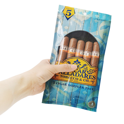 Sacos para charutos humidificados com impressão em rotogravura personalizados Sacos para charutos com zíper e umidade 5 charutos Embalagem simples com embalagem plástica com janela transparente