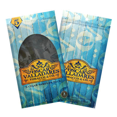 Sacos para charutos humidificados com impressão em rotogravura personalizados Sacos para charutos com zíper e umidade 5 charutos Embalagem simples com embalagem plástica com janela transparente