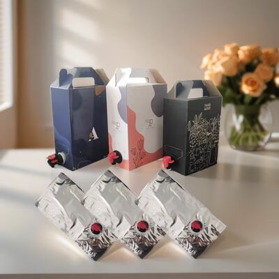 Sacos BIB personalizados em caixa com bico de torneira, ideais para embalar vinho, sumo, óleo e outros produtos líquidos