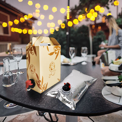 Sacos BIB personalizados em caixa com bico de torneira, ideais para embalar vinho, sumo, óleo e outros produtos líquidos