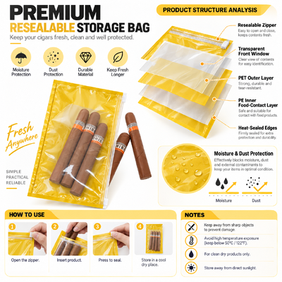 Sacos de charutos de plástico TPU e PE de qualidade alimentar integrados com uma folha de humidade interna que permite controlar a umidade e preservar os charutos