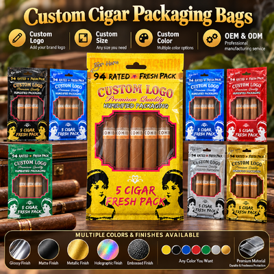 Sacos de charuto com design Ziplock, embalagem personalizada com cores personalizadas, projetados para proteger charutos de fatores ambientais